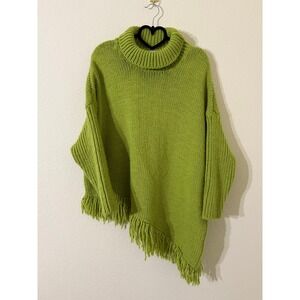 URBAN by Alembika Chunky Knit Turtleneck Poncho Sweater Fringe Lime Green XS